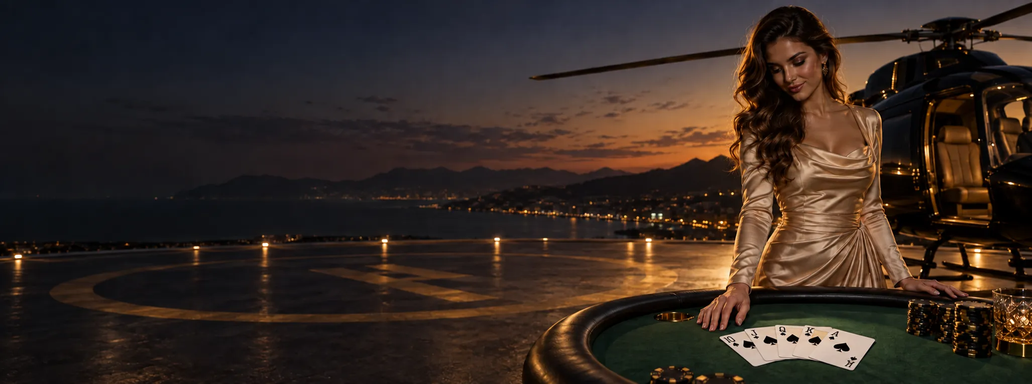 Woman in a gold dress at a green-felt card table beside a helicopter on a rooftop helipad, a Here2Win Casino scene